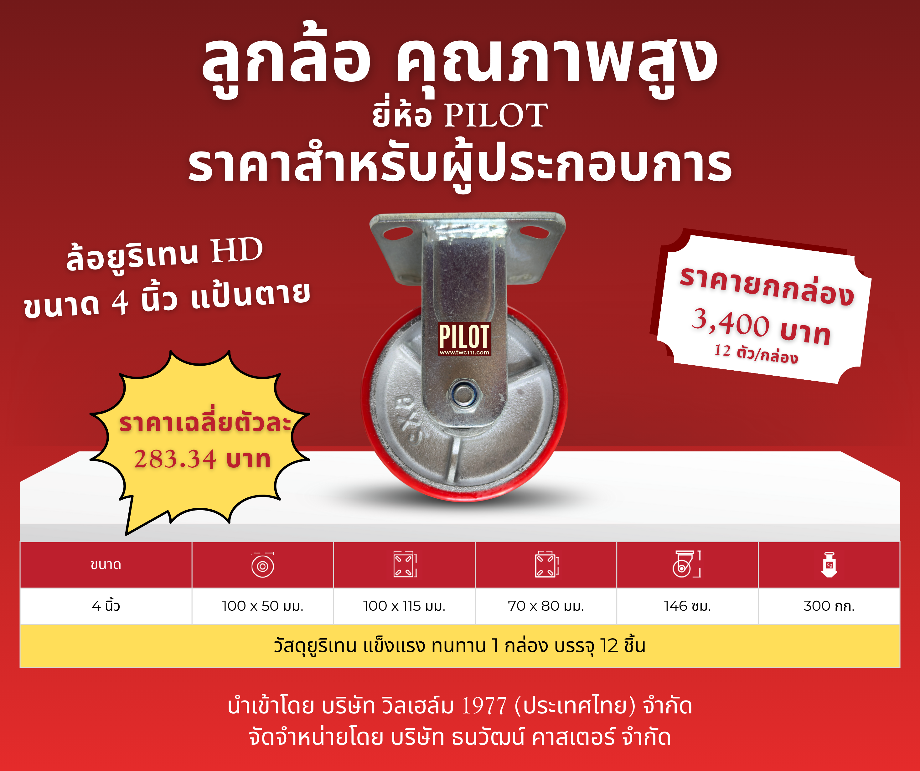ล้อยูริเทน HD 4 นิ้ว แป้นตาย (1 กล่อง บรรจุ 12 ล้อ)
