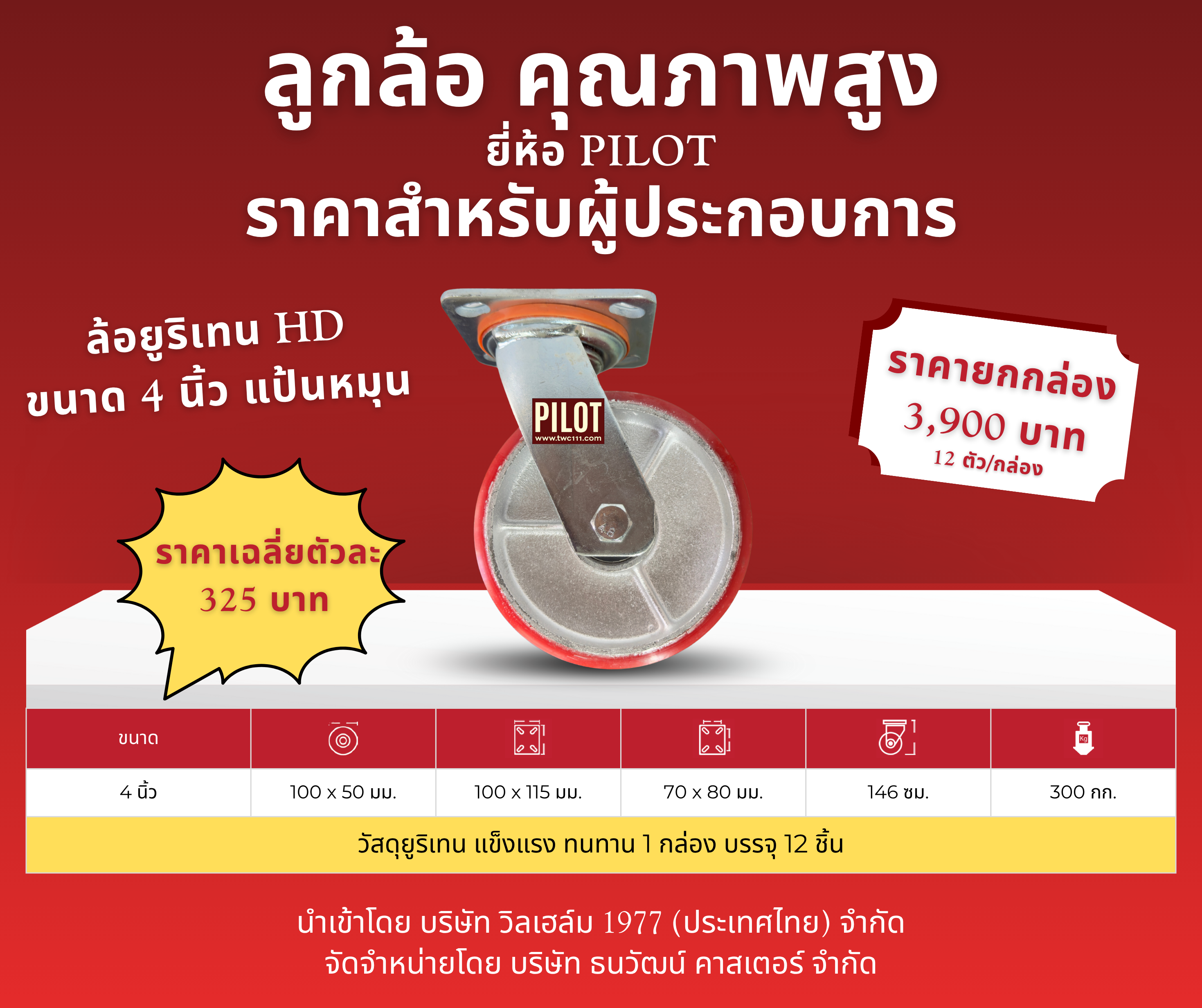 ล้อยูริเทน HD 4 นิ้ว แป้นหมุน (1 กล่อง บรรจุ 12 ล้อ)