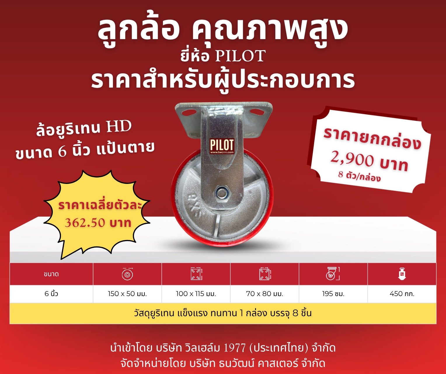ล้อยูริเทน HD 6 นิ้ว แป้นตาย (1 กล่อง บรรจุ 8 ล้อ)