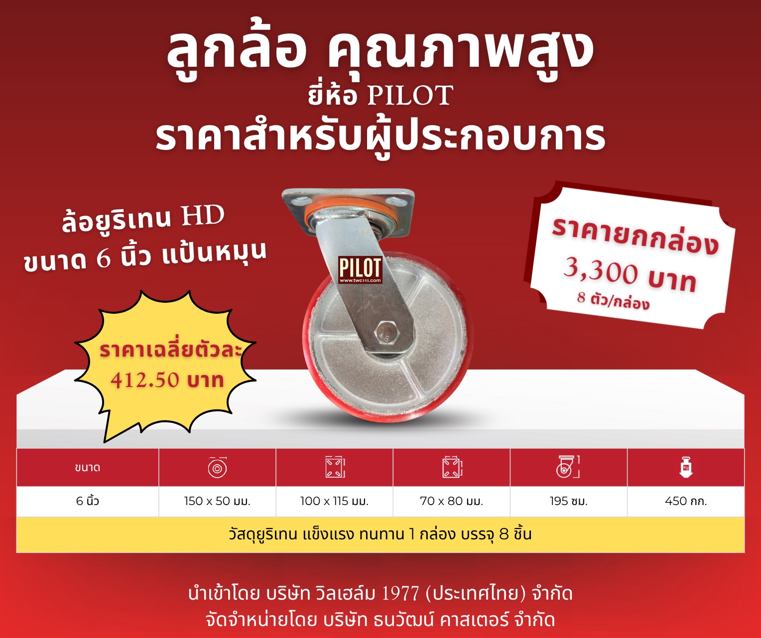 ล้อยูริเทน HD 6 นิ้ว แป้นหมุน (1 กล่อง บรรจุ 8 ล้อ)