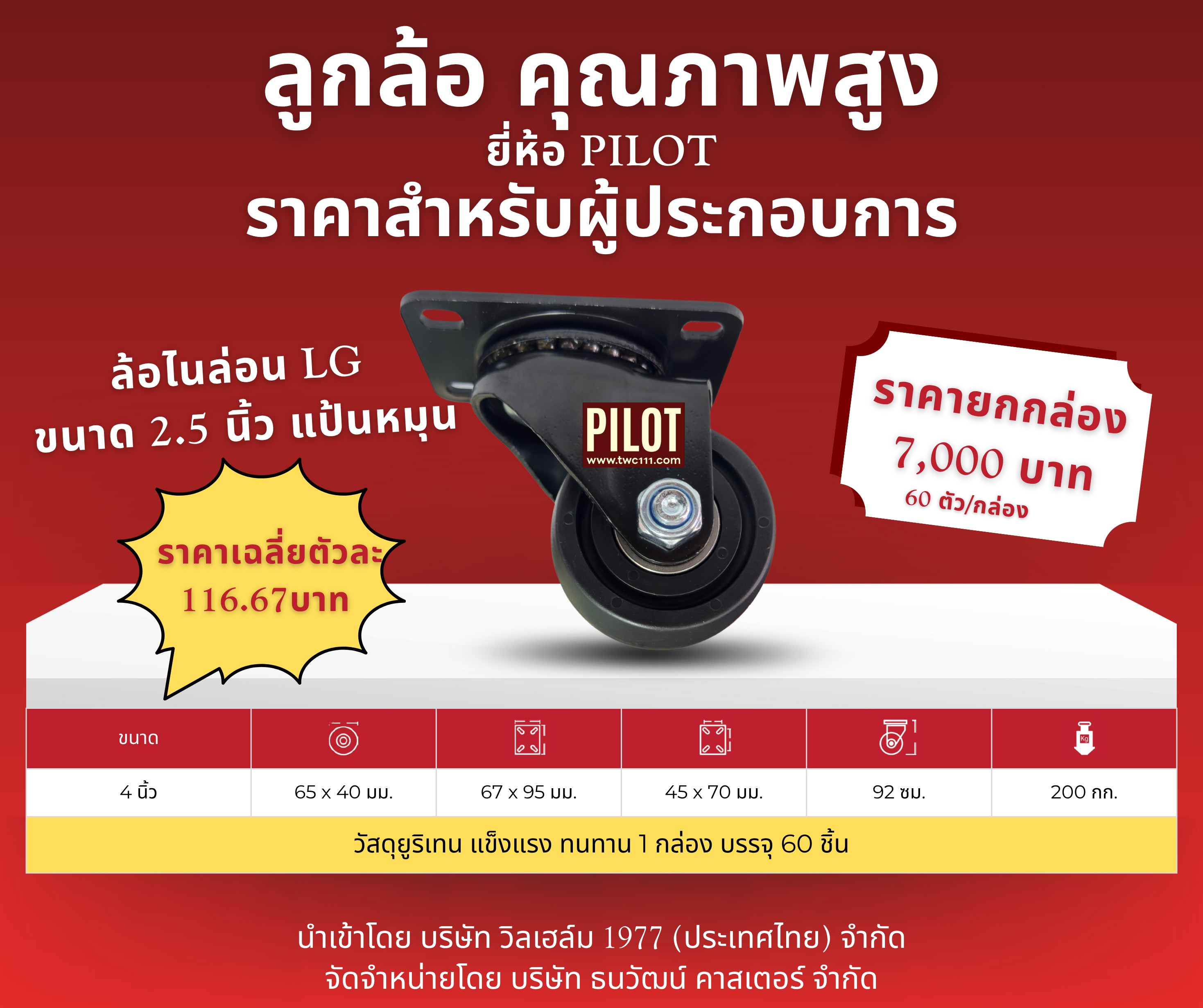 ล้อไนล่อน LG 2.5 นิ้ว แป้นหมุน (1 กล่อง บรรจุ 60 ล้อ)