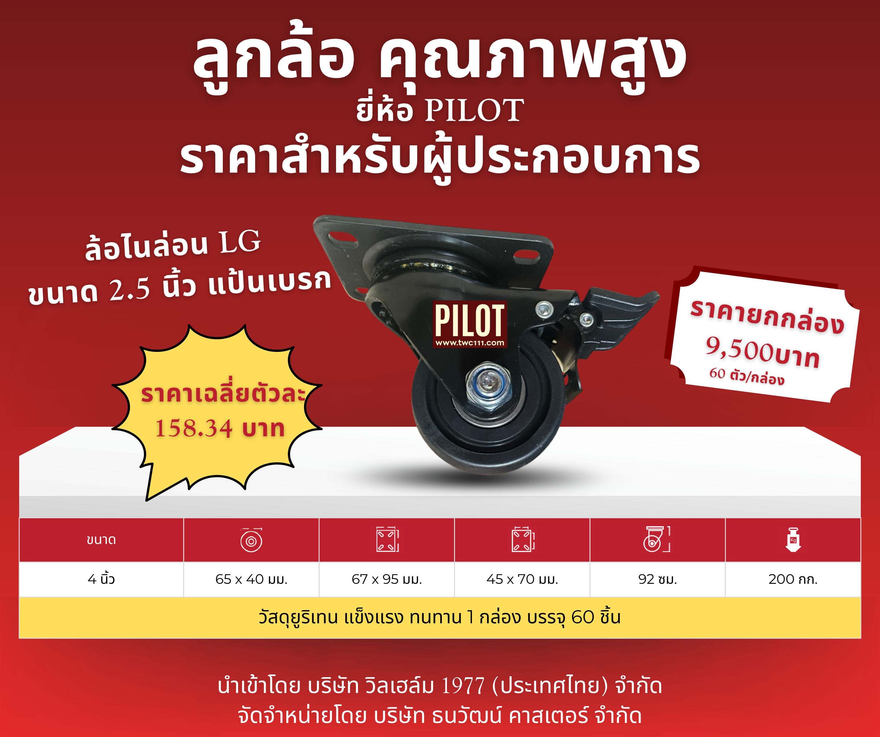 ล้อไนล่อน LG 2.5 นิ้ว แป้นหมุน (1 กล่อง บรรจุ 60 ล้อ)
