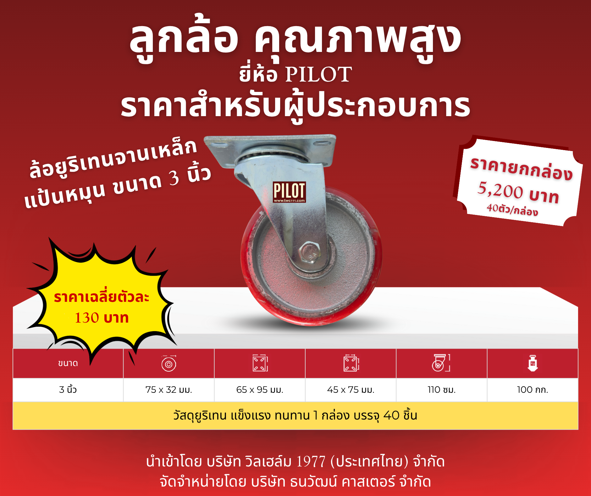 ล้อยูริเทนจานเหล็ก 3 นิ้ว แป้นหมุน (1 กล่อง บรรจุ 40 ล้อ)