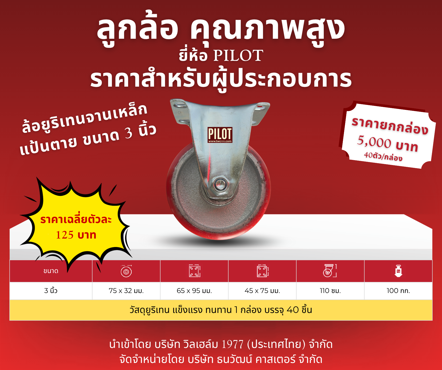 ล้อยูริเทนจานเหล็ก 3 นิ้ว แป้นตาย (1 กล่อง บรรจุ 40 ล้อ)