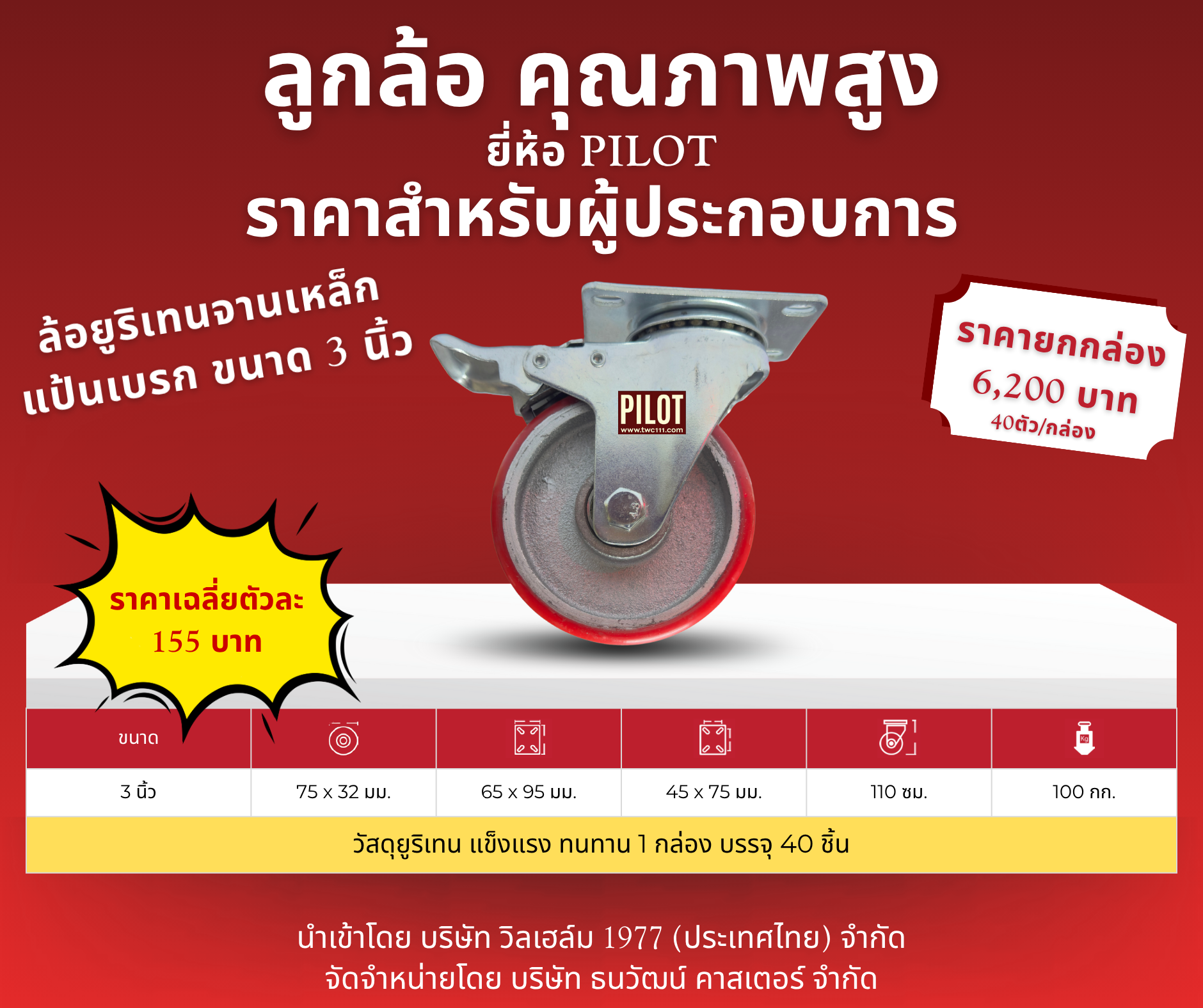 ล้อยูริเทนจานเหล็ก 3 นิ้ว แป้นเบรก (1 กล่อง บรรจุ 40 ล้อ)