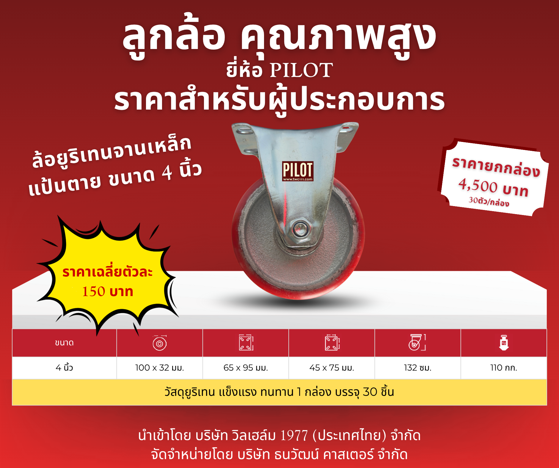 ล้อยูริเทนจานเหล็ก 4 นิ้ว แป้นตาย (1 กล่อง บรรจุ 30 ล้อ)