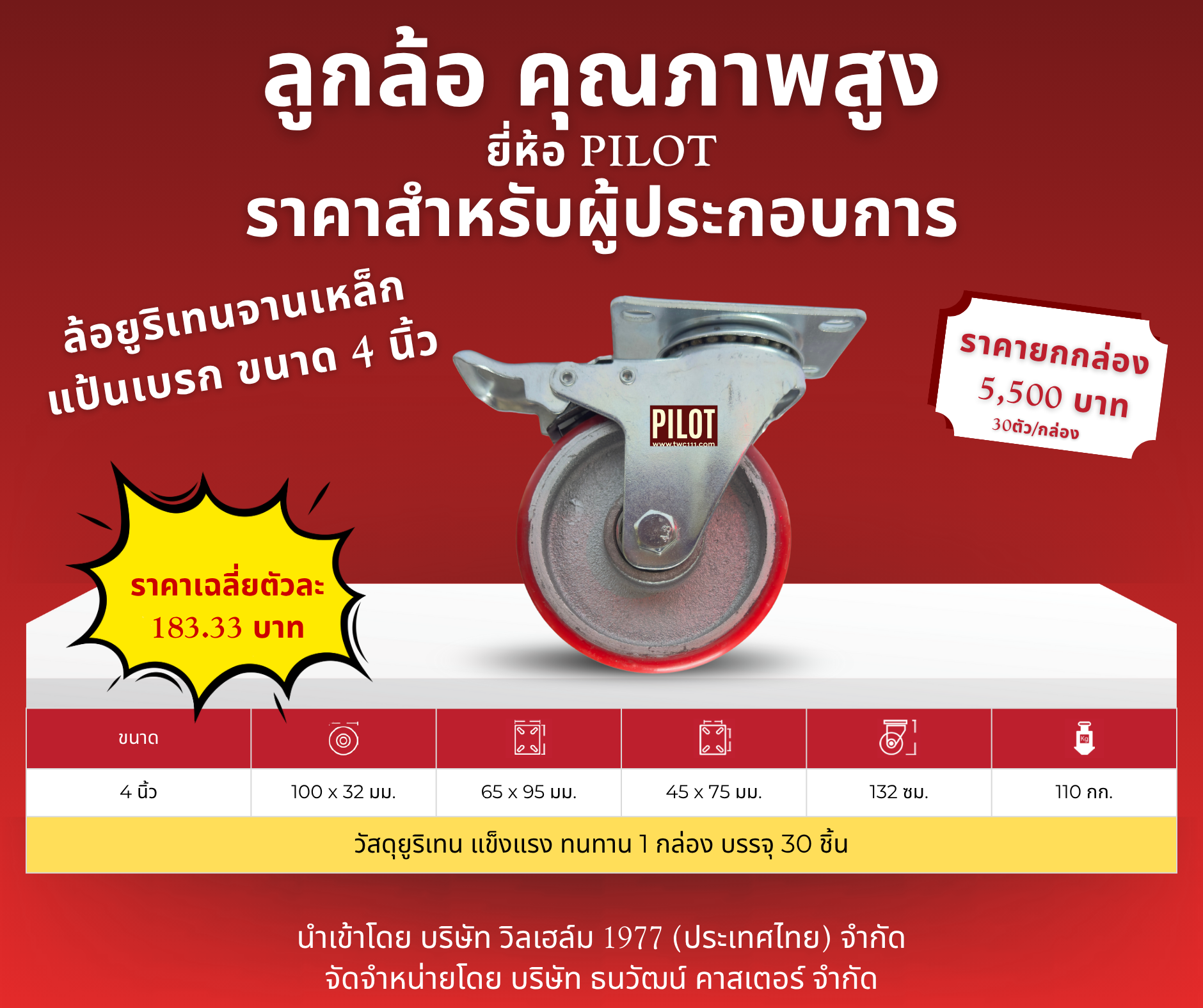 ล้อยูริเทนจานเหล็ก 4 นิ้ว แป้นเบรก (1 กล่อง บรรจุ 30 ล้อ)