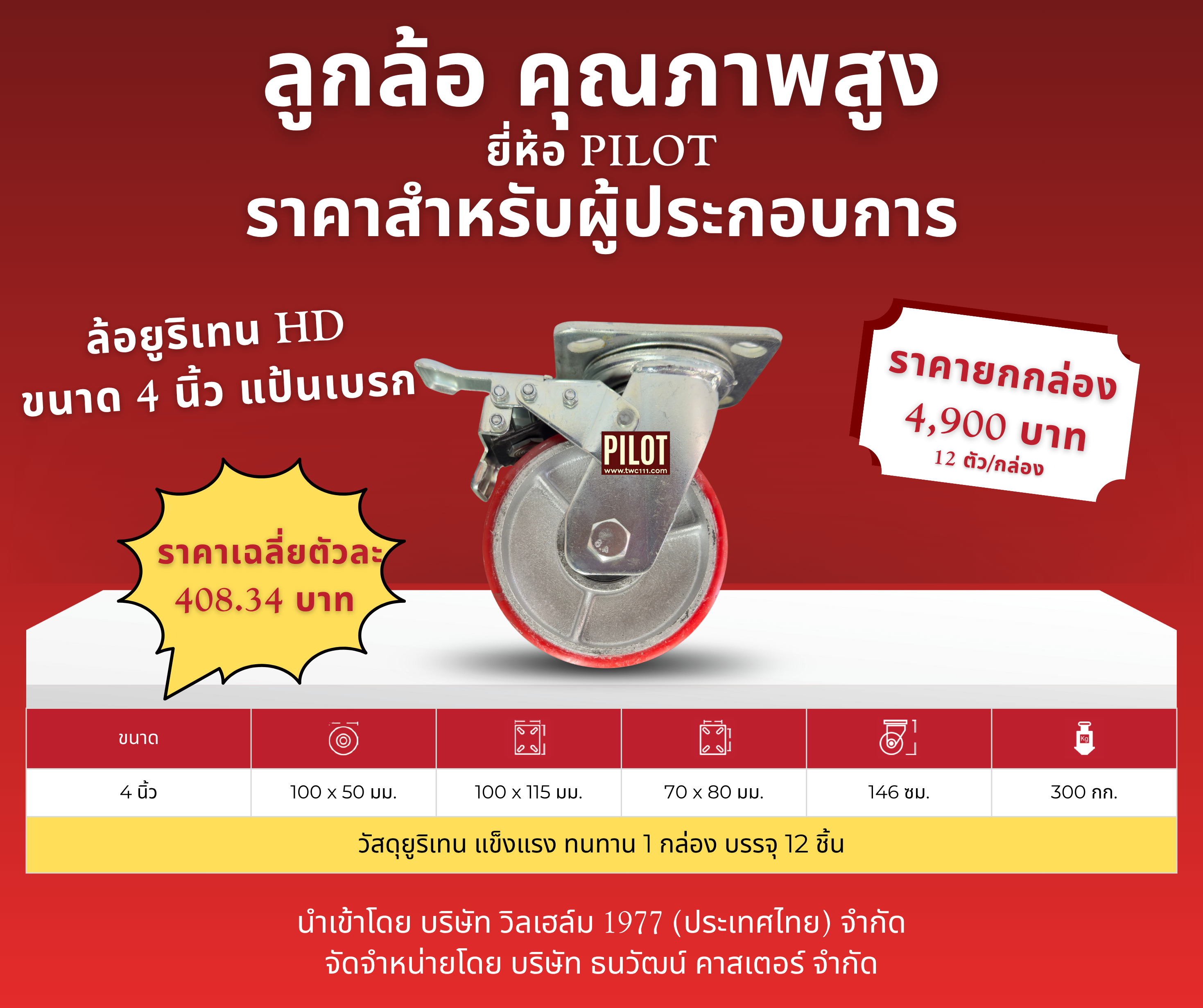 ล้อยูริเทน HD 4 นิ้ว แป้นเบรก (1 กล่อง บรรจุ 12 ล้อ)