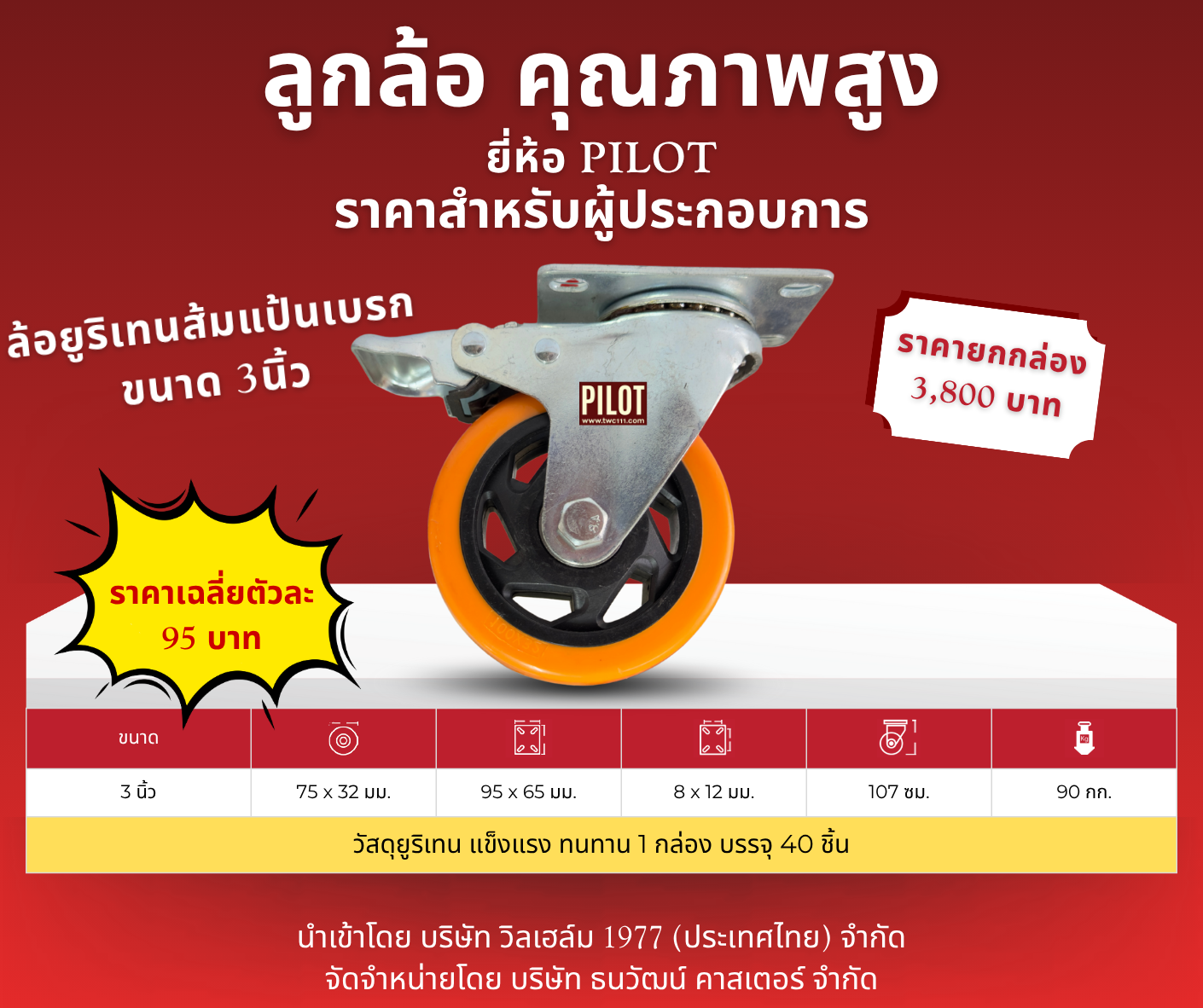 ล้อยูริเทนส้ม 3 นิ้ว แป้นหมุนเบรก (1 กล่อง บรรจุ 40 ล้อ)