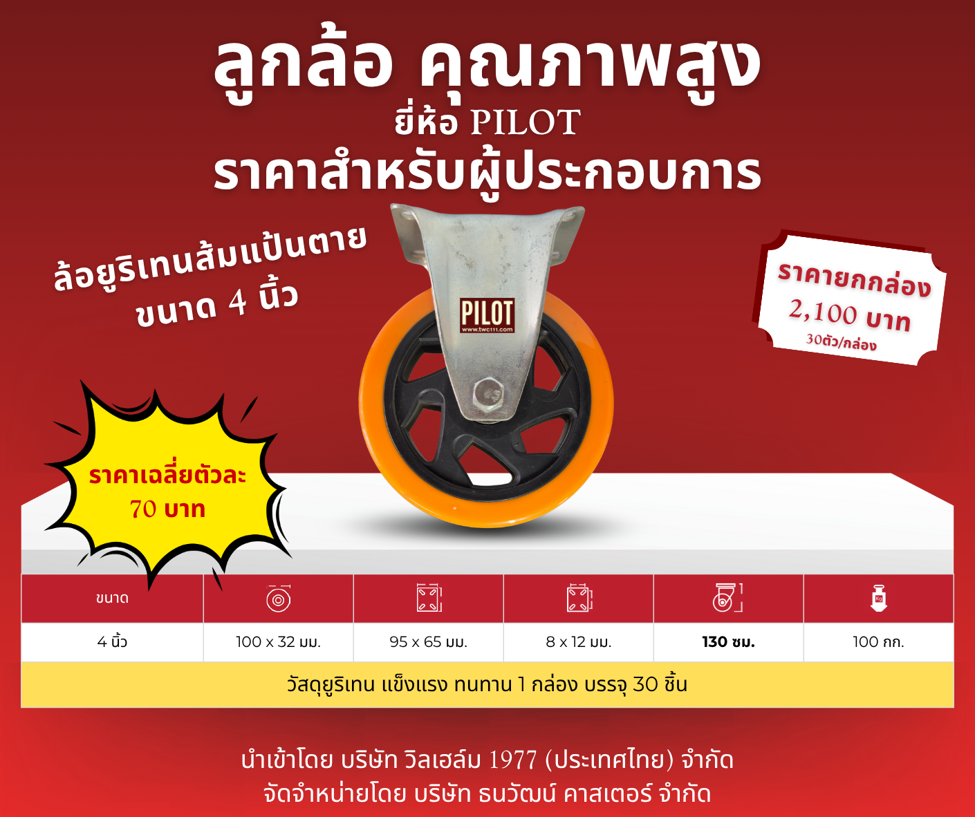 ล้อยูริเทนส้ม 4 นิ้ว แป้นตาย (1 กล่อง บรรจุ 30 ล้อ)