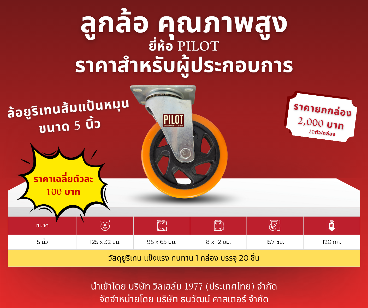 ล้อยูริเทนส้ม 5 นิ้ว แป้นหมุน (1 กล่อง บรรจุ 20 ล้อ)