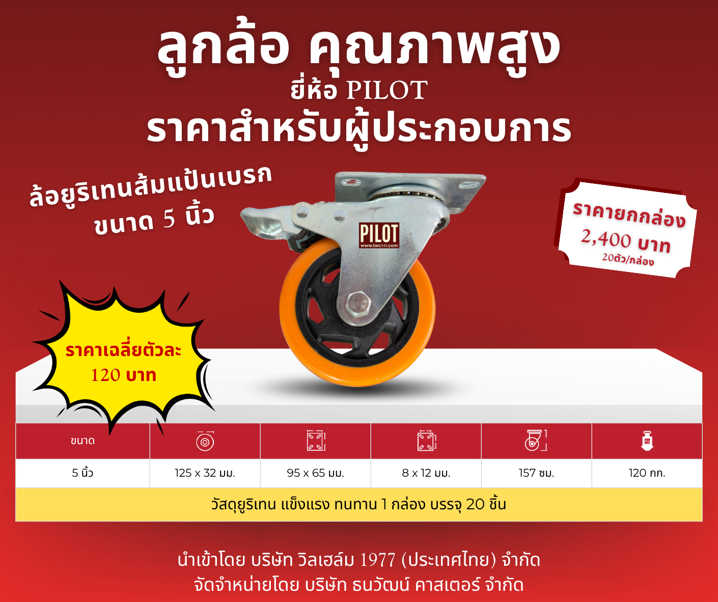 ล้อยูริเทนส้ม 5 นิ้ว แป้นหมุนเบรก (1 กล่อง บรรจุ 20 ล้อ)